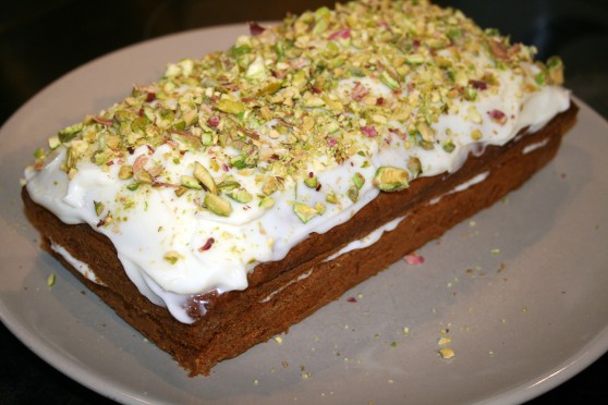 Pistachio, lime and courgette cake.